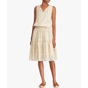 Lauren Ralph Lauren Voile Floral Blouson Tiered Cotton Yellow Dress Size 14